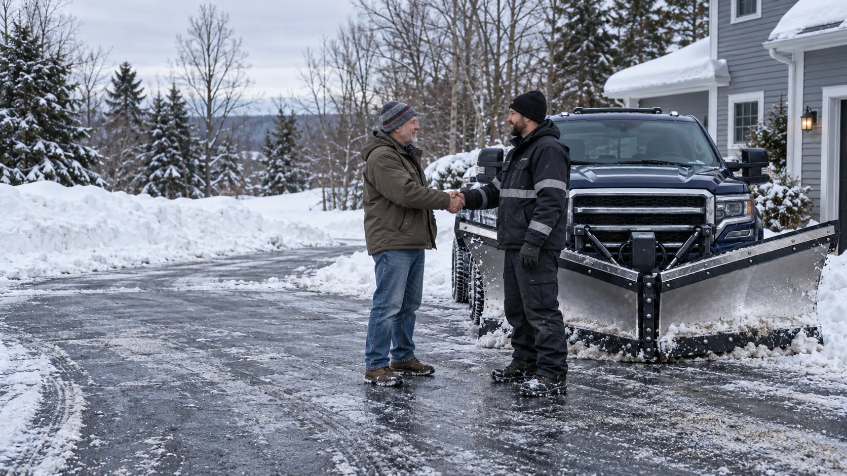 A homeowner shaking hands with a snow-removal provider beside a plow truck in a freshly cleared driveway